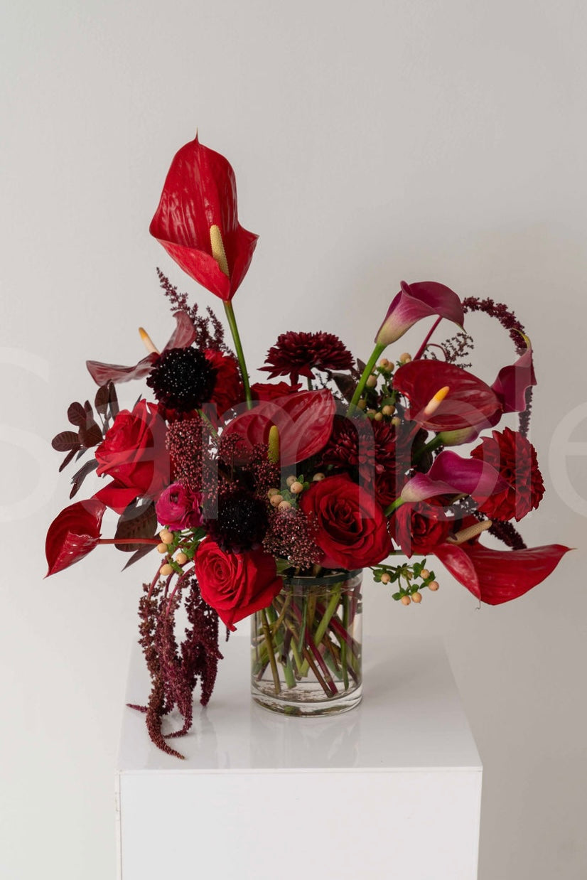 Holiday Red Anthurium Glass Vase Arrangement