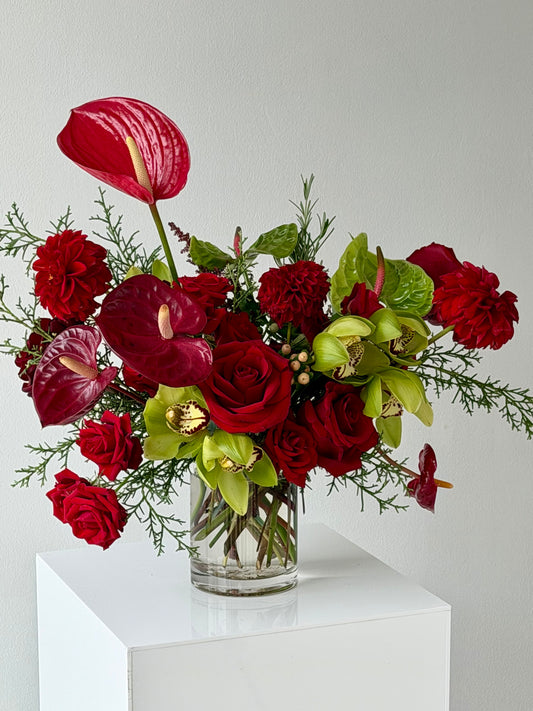 Holiday Red + Green Anthurium + Orchid Glass Vase Arrangement