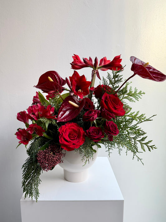 Holiday Red Anthurium + Amaryllis Pedestal Arrangement